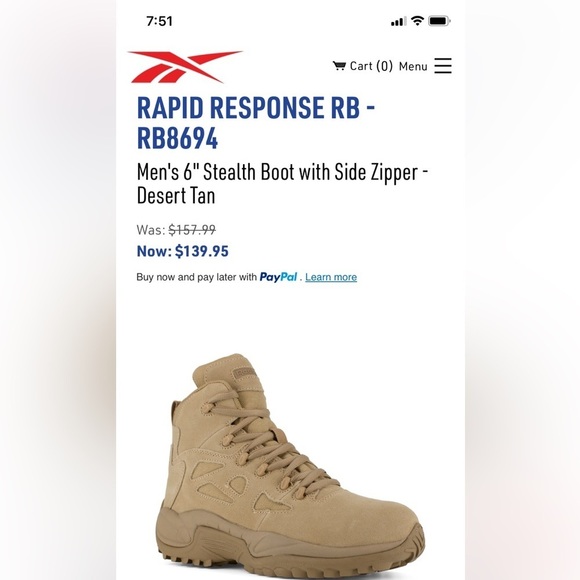 NIB Reebok RAPID RESPONSE Tan Boots With side zipper size 8.5 main image 4